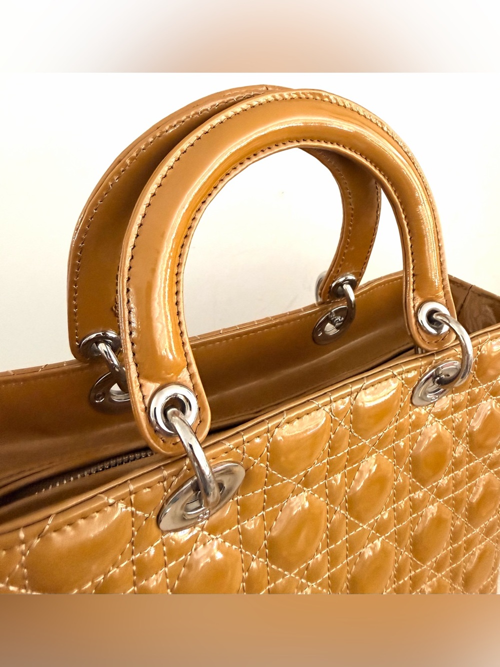 CHRISTIAN DIOR Lady Dior Mustard Gold Patent Cannage Bag + Strap - Picture 8 of 15